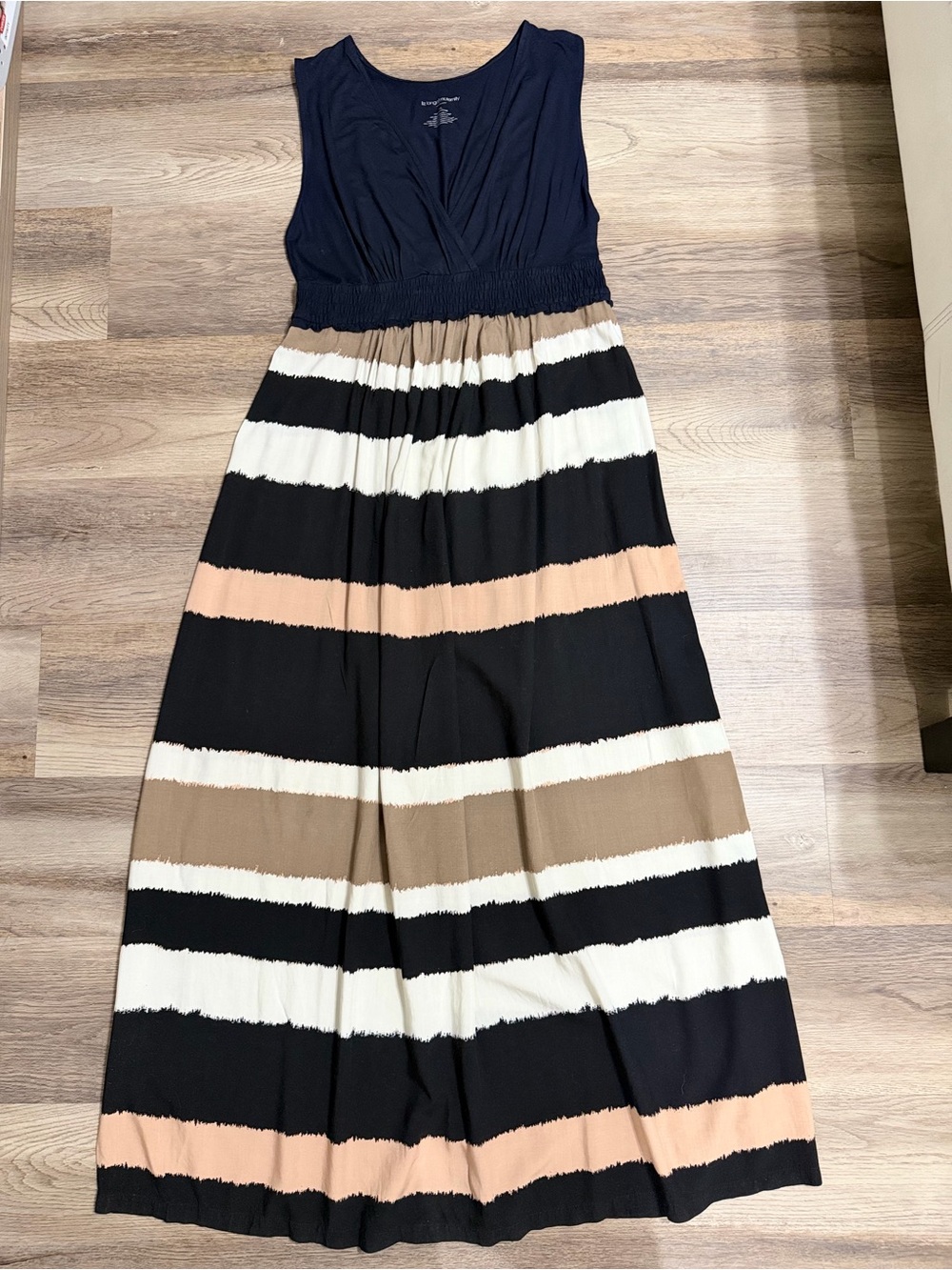 Liz Lange Navy, Black, White & Tan Striped Maxi Dress